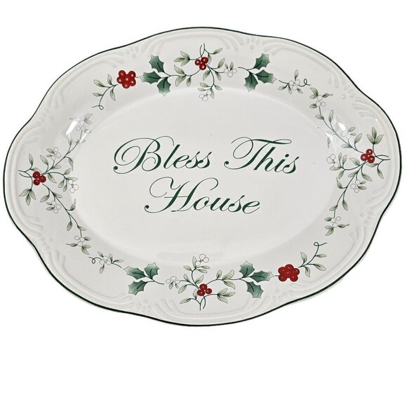 Pfaltzgraff Winterberry Oval Ceramic BLESS THIS HOUSE Holly Platter Plate - Picture 11 of 12